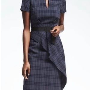 Banana Republic blue plaid sheath/diagonal ruffle